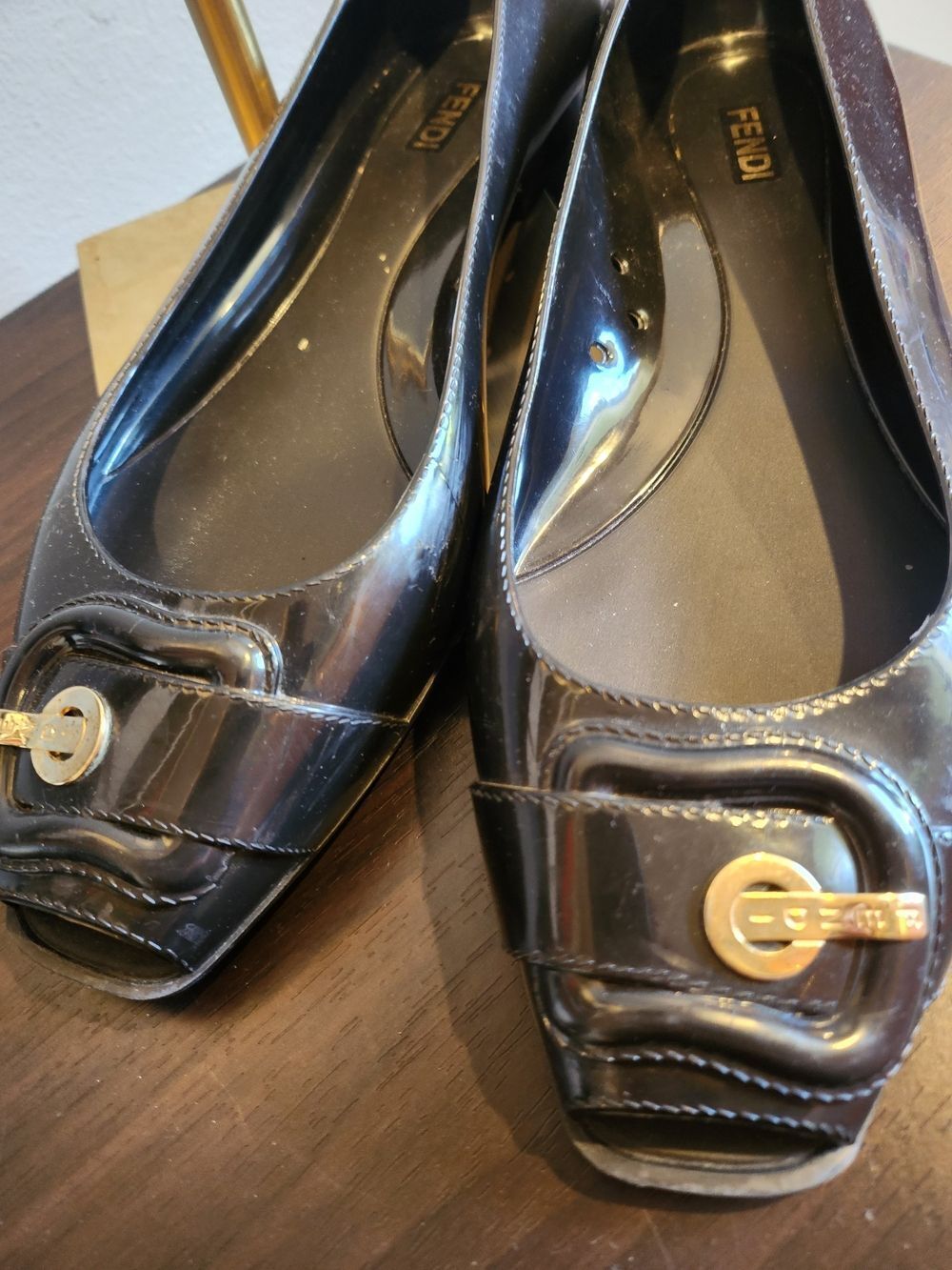Fendi Black Patent Leather Square-Toe Loafers with Gold Hardware